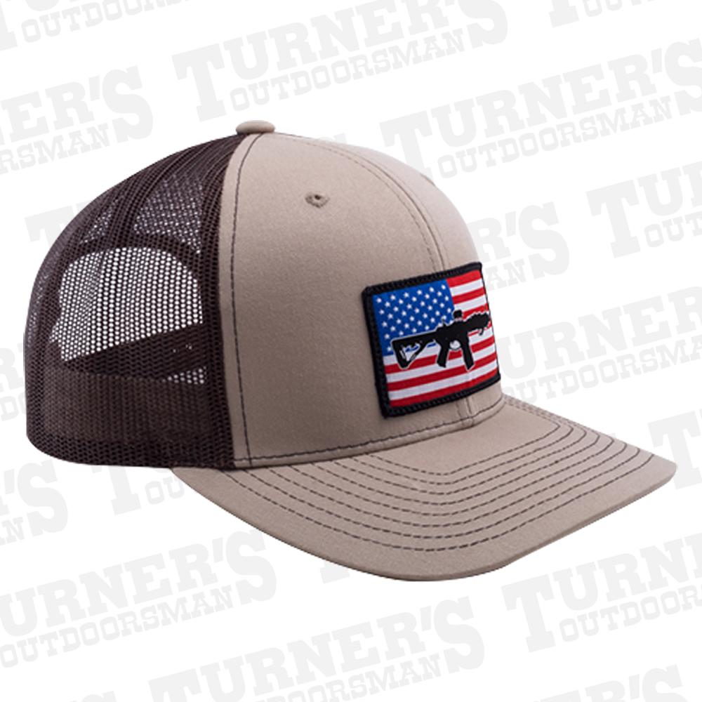 Black Rifle Coffee Company AR Flag Patch Trucker Hat, Tan W/Brown Mesh